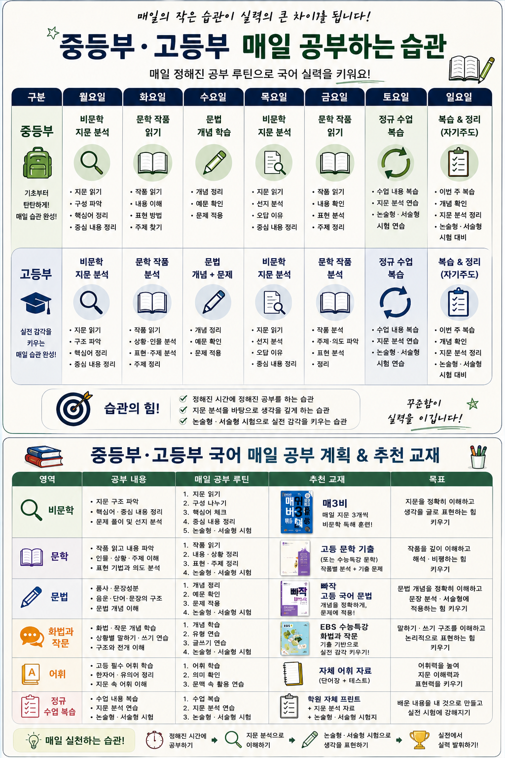 중등부·고등부 매일 공부하는 습관 표. 요일별 비문학·문학·문법 학습 루틴과 추천 교재 안내